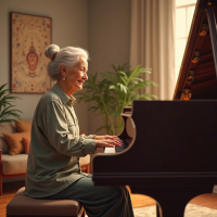 mujer anciana tocando el piano en terapia